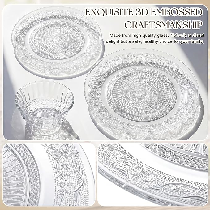 Havawish 18 Pcs Glass Dinnerware Set, Pattern | Clear Glass Plate and Bowl Sets - Image 4