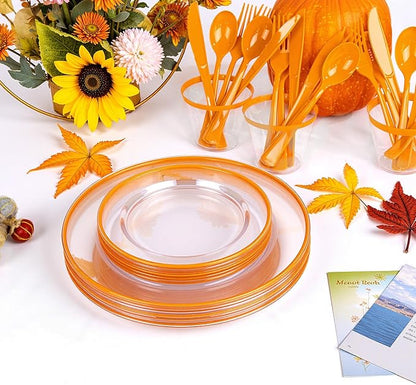 SUT 175Pcs Orange and Clear Plastic Dinnerware Set - Image 3