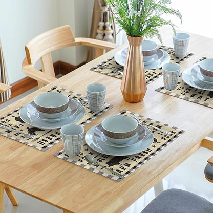 Farm Animal Cow Table Mat Set of 4，Farmhouse Chicken Decor Buffalo Plaid Rectangular Linen Placemats with Non-Slip Kitchen Table Decor 12x18 Inch for Party Kitchen Dining