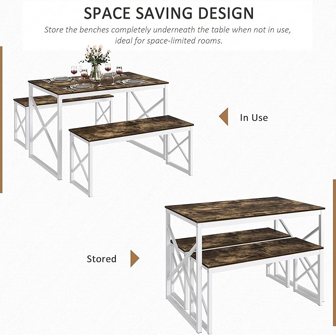VECELO Kitchen Dining Table Sets for 4, Wood Dinette 2 Benches with Metal Frame for Dinner Breakfast Nook and Small Space, Dark Brown