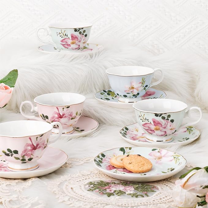 fanquare 5-Ounce Floral Tea Cups and Saucers Set of 6, Dishwasher & Freezer - Image 5