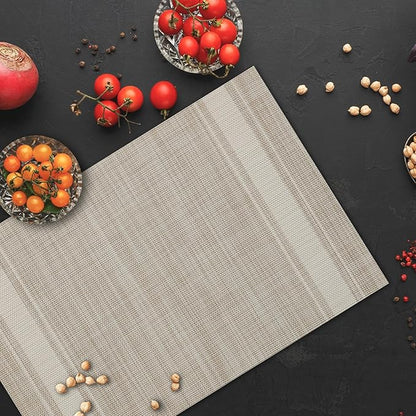 Placemats Set of 4 Vinyl Washable Linen ColorPlacemats, 18"x12" Wipeable Heat-Resistant Non-Slip Easy Clean Table Mats Ideal for Dining Table Table Runner and Outdoor(4, Linen Wide Stripe)