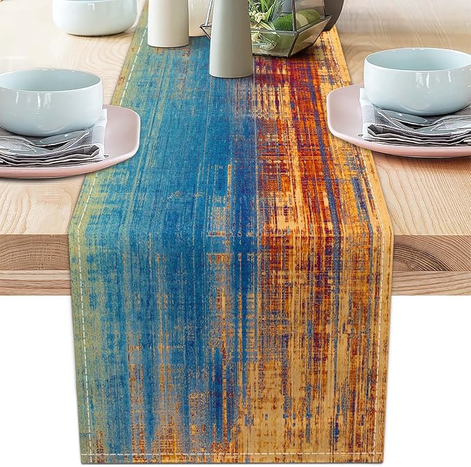 Orange and Blue Table Runner Modern Abstract Messy Rust Painting Linen Dresser by AILUER