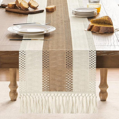 Macrame Style Bicolor Stitching Table Runner 14x108in Brown | Woven Boho Table - Image 2