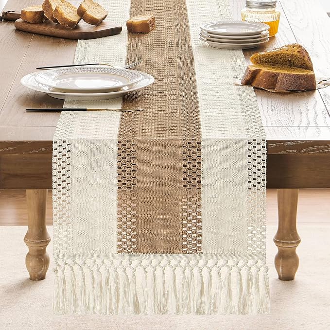 Macrame Style Bicolor Stitching Table Runner 14x90in Brown | Woven Boho Table - Image 2