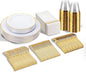 SUT 175 PCS Plastic Plates, 175 Pieces Disposable Heavy Duty for 25 Guests, White Gold Geometric Pattern Dinner Plates with Napkins and Cups, BPA Free