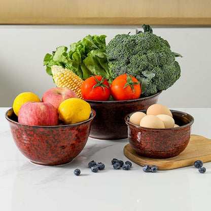 HASENSE Ceramic Mixing Bowls, Large Serving Dishes Set of 3 for Cooking, Baking, Prepping, Porcelain Nesting Bowls for Salads, Fruit, Popcorn, Cereal, 2.1/1.0/0.5 Qt, Dishwasher & Microwave Safe, Red