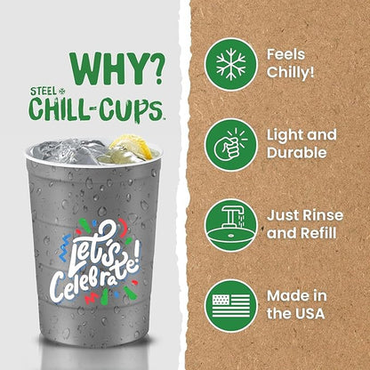 16 oz. Party Cups 'Let's Celebrate Let's Party' Design for Cold Drinks, Durable, Disposable, Recyclable, Made in USA, Gray, 12 Count