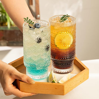 Drinking Glasses Set of 4, 16oz Textured Flower Design Cocktail Glasses, Stackable Old Fashioned Glass Cups, Vintage Glassware for a baby Shower Wedding for Kitchen and Bar - Dishwasher Clear