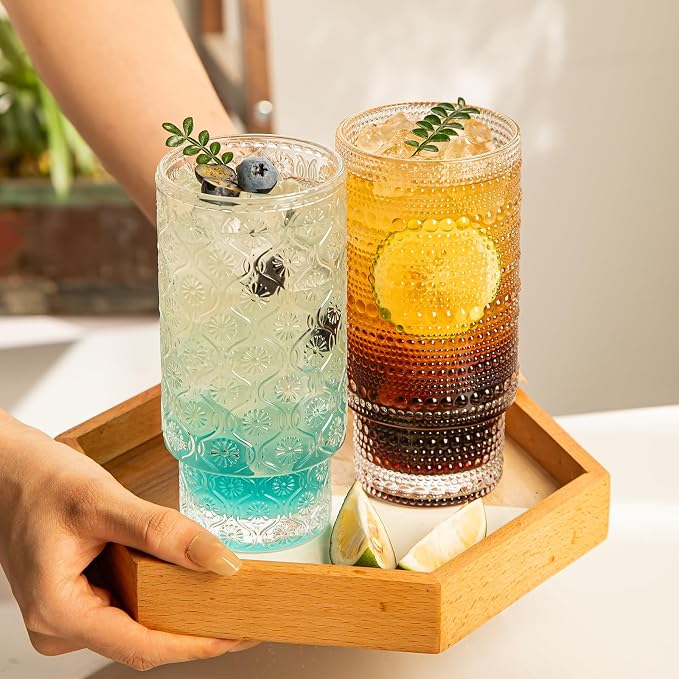 16oz Drinking Glasses Set of 4, 2 Hobnail Glasses & 2 Embossed Water Goblets - Image 8