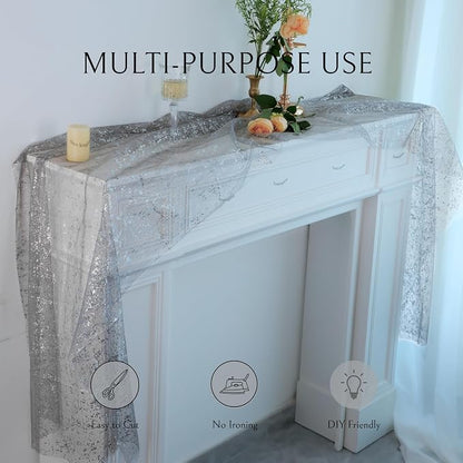 Snowkingdom Silver Gray Table Runner 10FT, Sheer Sparkly Shiny Glitter Sparkle - Image 6