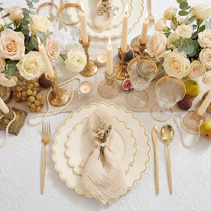 LIYH 100 Pcs Heavy Duty Ivory Gold Plastic Plates - Image 3
