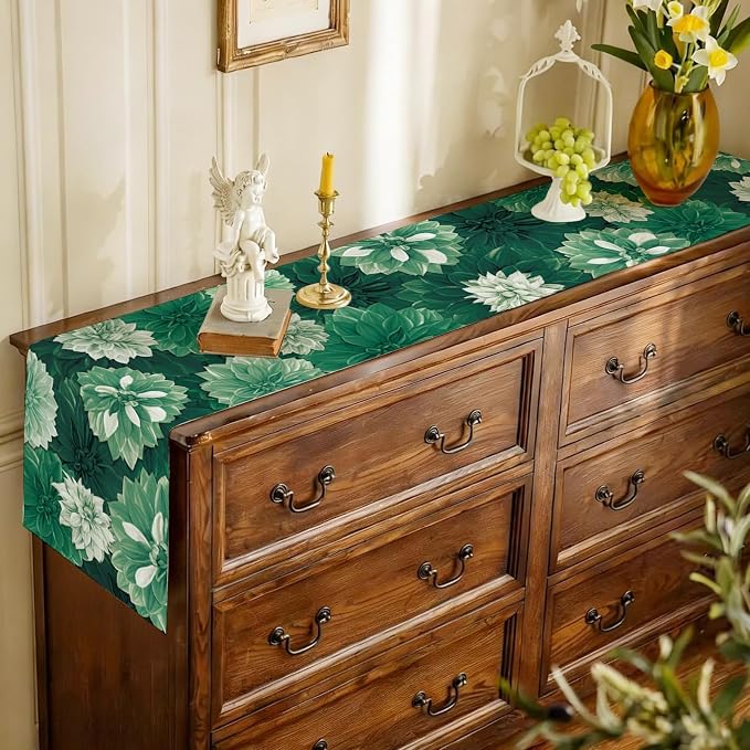 Deep Green Dahlia Flower Summer Table Runner Green Gray Burlap Table Runners - Image 5