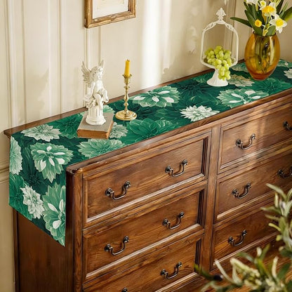 Deep Green Dahlia Flower Summer Table Runner Green Gray Burlap Table Runners - Image 5