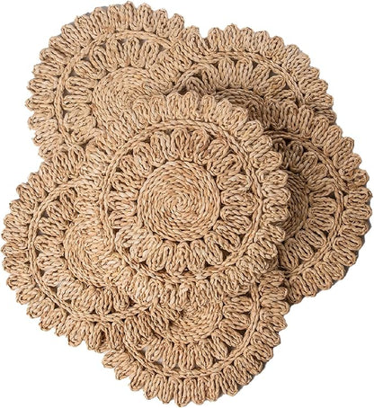 13.8" Set of 6 Round Corn Husk Placemats | Boho Woven Rattan Table Mats | Farmhouse Wicker Spring Plate Chargers Like Water Hyacinth, Seagrass for Wedding, Party, Christmas, Events