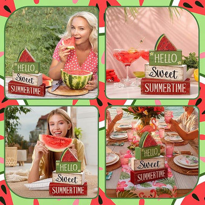Moucuny 4 Pcs Summer Wooden Table Decor Watermelon Tiered Tray Decor Farmhouse - Image 5