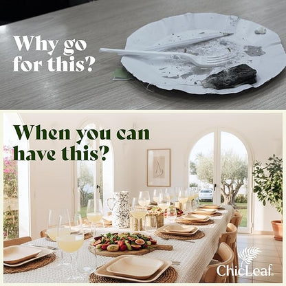Chic Leaf Palm Leaf Disposable Bamboo Plates - Square Party Plates for Weddings, Parties, Event Appetizers - Biodegradable & Compostable - Romantic Dinner for 2 Party Supplies (10", 100 Pack)