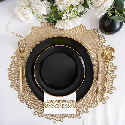 MirthMood 210Pcs Black and Gold Disposable Plates,Black Plates, Black and Gold Plates Include 30 Dinner,Dessert Plate,30 Cup&30 Napkins, 90 Gold Silverware for Wedding & Party & Birthday & New Year