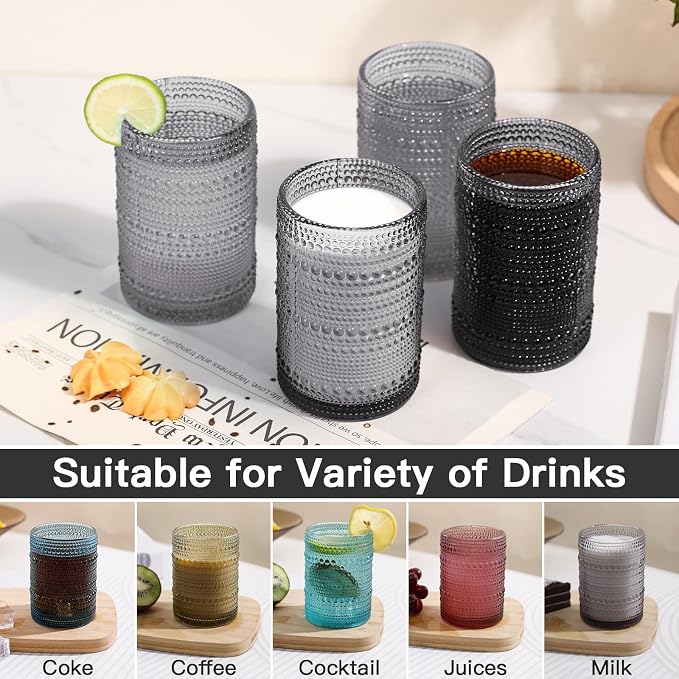 JOVGANK Grey Vintage Hobnail Drinking Glasses Set of 6, Embossed Water Tumbler - Image 5