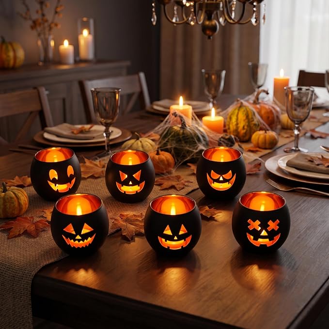 Halloween Tea Light Candle Holders Set of 6 | Gold Interior Black Jack O - Image 3