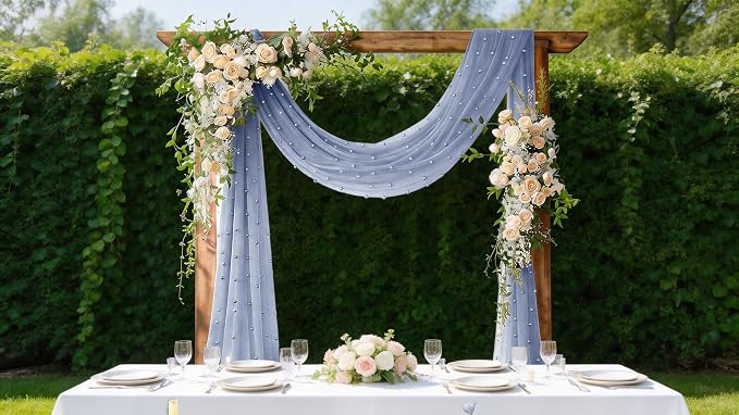 Pearl Table Runner Gauze Sheer 19FT Wedding Draping Fabric Decor | Dusty Blue - Image 3