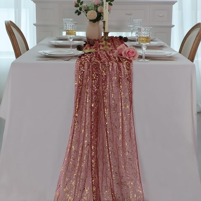 Snowkingdom Burgundy Gold Gauze Table Runner 10 Ft, Glitter Sheer Metallic Foil - Image 5