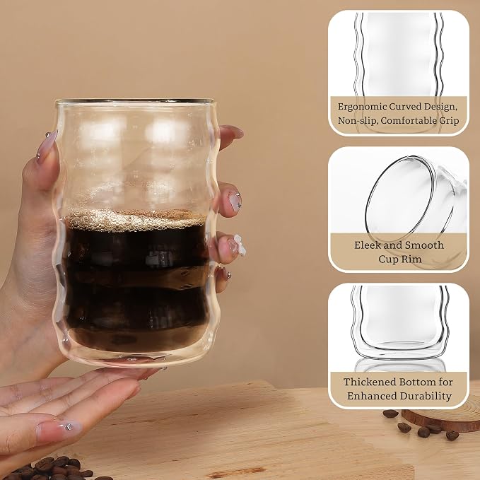 Joeyan 14.5oz Double Wall Glass Tumbler, Wave Shape Insulated Thermal Glass Cups - Image 4
