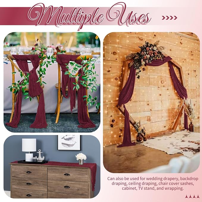 15 Pack Burgundy Table Runners 17 x 108inch Cheesecloth Table Runner Boho Gauze - Image 5