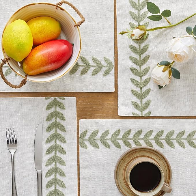 Wracra Embroidered Place Mats, Sage Green Rustic Placemats Set of 6 | Macrame - Image 2