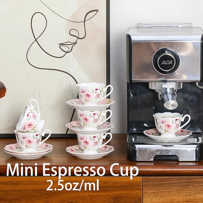 2.5oz Porcelain Demitasse Set of 6, 75ml Pink Espresso | Romantic pink floral - Image 5