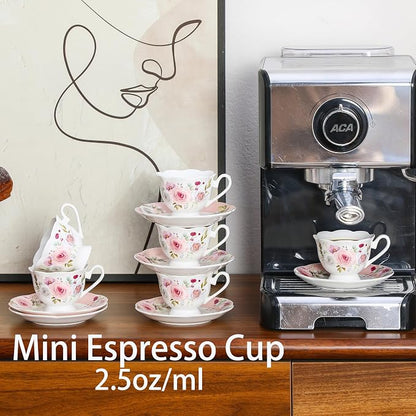 2.5oz Porcelain Demitasse Set of 6, 75ml Pink Espresso | Romantic pink floral - Image 5