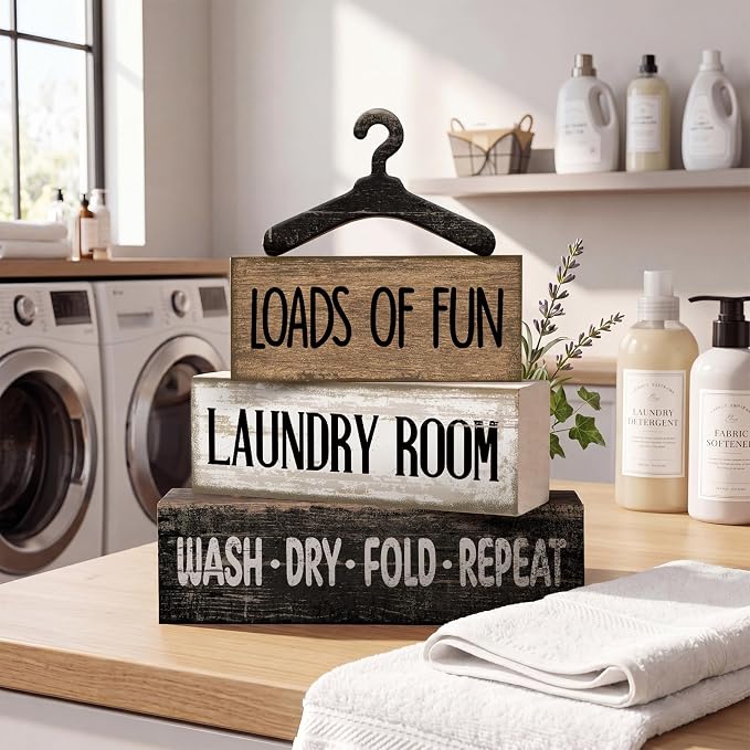 Moucuny 4 Pcs Farmhouse Laundry Room Decor and Accessories Stacked Blocks Loads - Image 3