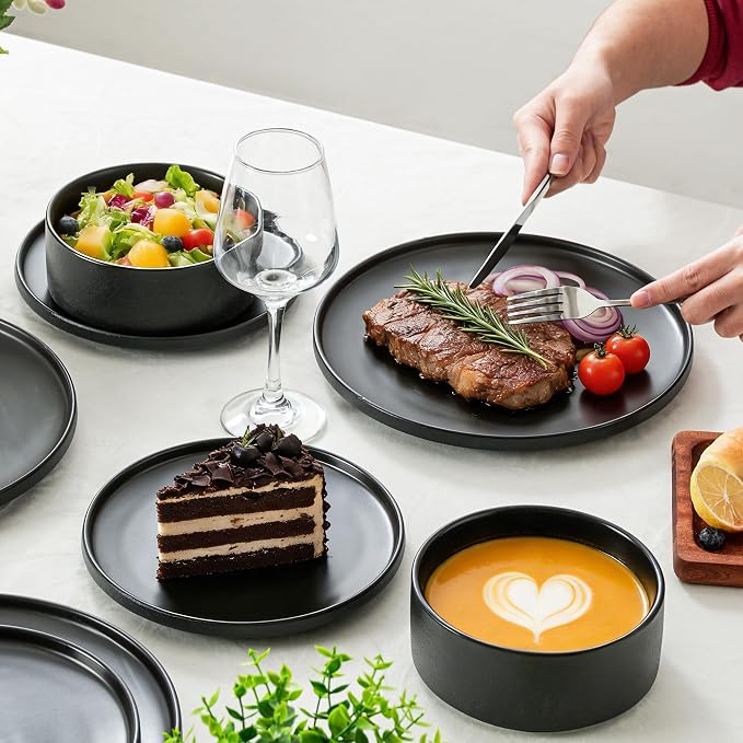 Ceramic Salad & Dessert Plates Set, 8 Inch, Modern Black | Stoneware, - Image 6