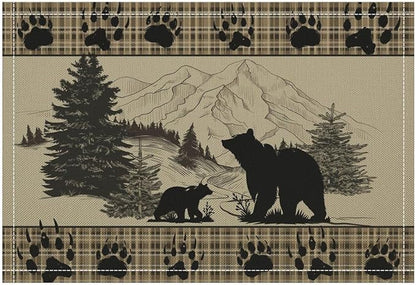 Retro Farmhouse Placemat Set, Rustic Brown Tartan Check Wildlife Bear Paw Silhouette Sketch Pine Tree Forest Pattern Home Decoration Linen Table Mats for Dining Room Kitchen Party (17x12in) x4P