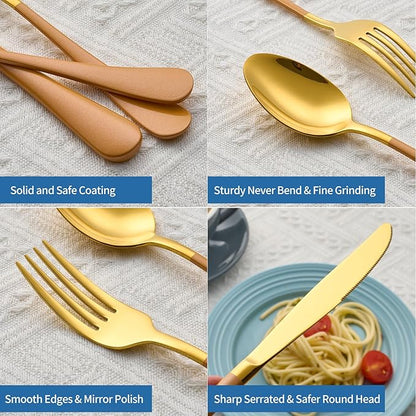 20-Piece Orange & Gold Silverware Set, 18/0 Stainless Steel Colorful Handle Flatware Set,Service for 4,Modern Cutlery Set Includes Dinner Knives Forks Spoons,Mirror Polished,Dishwasher Safe