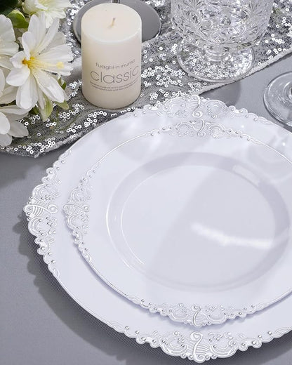 Nervure 700PCS Silver Plastic Plates - Silver Plastic Dinnerware Sets for 100 Guests - 200 Disposable Plates, 300 Silverware, 100 Cups, 100 Napkins for Wedding & Party