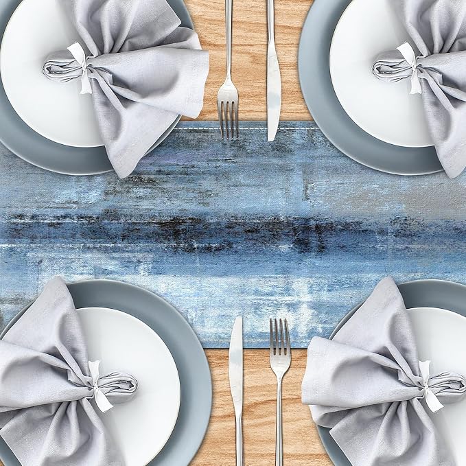 Blue Grey Long Table Runners Modern Art Farmhouse Linen Table Runners Dresser - Image 4