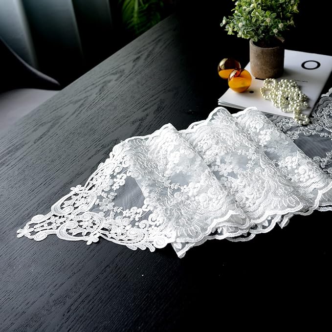 SUTAVIA Lace Patio Table Runner 12"×48" White Embroidered Dresser Scarf | - Image 2