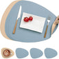 Myir JUN Placemats, Dual-Sided Placemats Waterproof Faux Leather Placemats Set of 4 Place Mats and Coasters Non-Slip Washable Table Mats for Dining Table (Camel Yellow Light Blue, Set of 4)