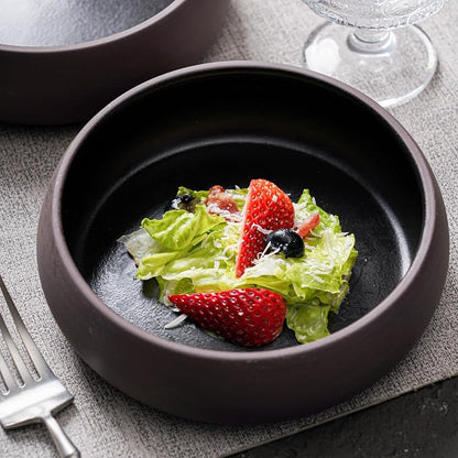 Uaral Ceramic Salad Bowls Set, 18 Ounce Black Shallow Bowl Set - Image 3