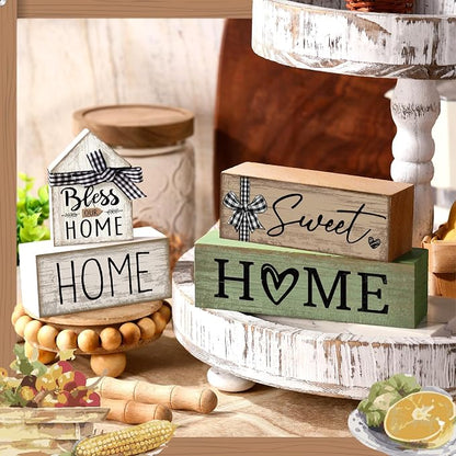 Moucuny 4 Pcs Wooden Farmhouse Table Decor Rustic Home Sweet Home Stacked - Image 7