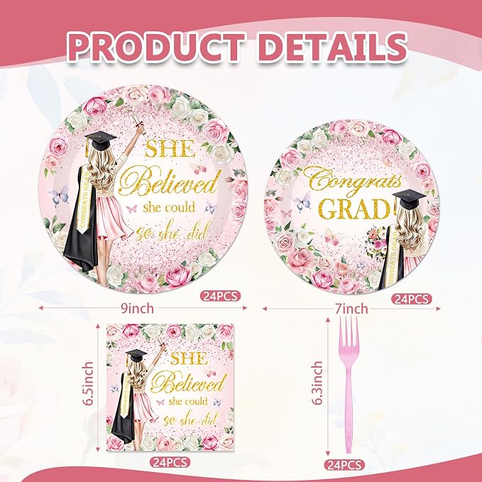 96Pcs She Believed She Could So She Did Paper Plates Napkins Forks Flower - Image 2