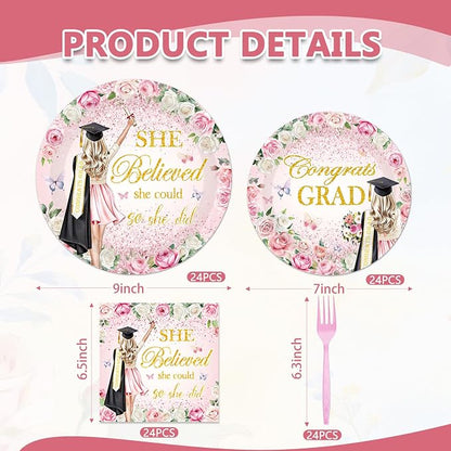 96Pcs She Believed She Could So She Did Paper Plates Napkins Forks Flower - Image 2