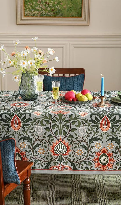 ISAENNE Designer Bohemian Linen Green Rectangular Tablecloth,Floral Indoor Table Cloth,Stain Resistant Decor Tablecloths for Dining Thanksgiving Kitchen Party Christmas,55"*87"-Naples
