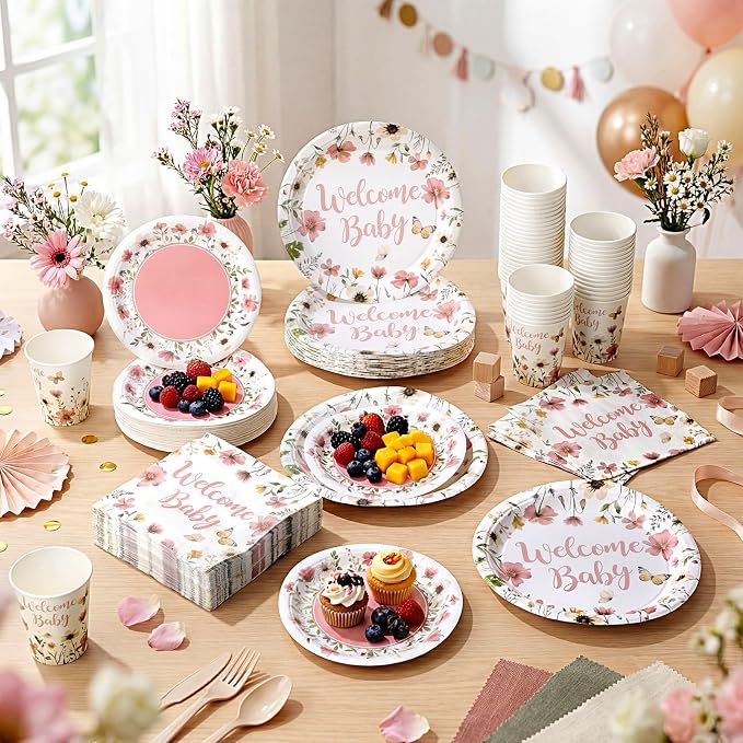 Pickmesh 250 Pcs Pink Floral Baby Shower Party Supplies Decorations Serve 50 - Image 4