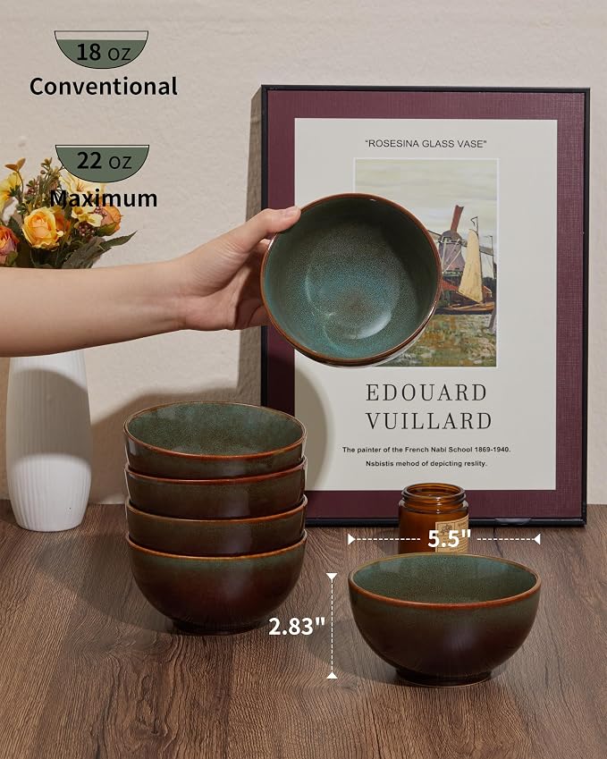 Stoneware Cereal Bowls Set of 6, 22 Oz Soup Bowls Set - Image 2