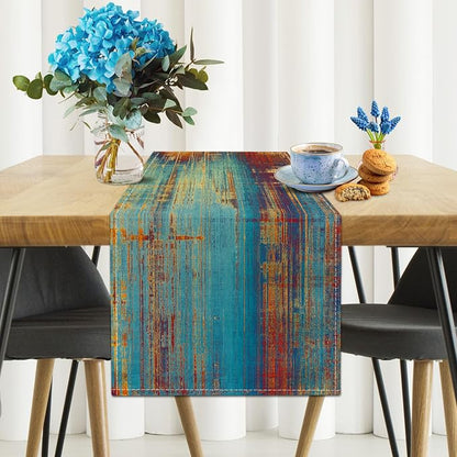 Small Table Runner Vintage Abstract Blue and Orange Table Runner Messy Rust - Image 2