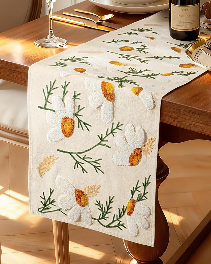 Canvas Embroidered Narrow 13"x 72" Table Runner, Rustic texture, Machine by Kokaaee