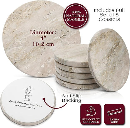Gusto Nostro Neutral Travertine Coasters - Absorbent Stone Coasters Set of 8 - High-end, Natural Limestone Coaster for Drinks - Anti-Slip Felt Backing Travertine Coaster for Countertop, Coffee Table