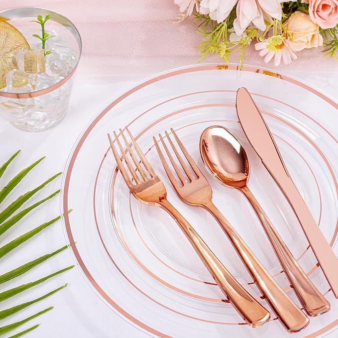 bUCLA 300PCS Rose Gold Plastic Dinnerware - Image 5